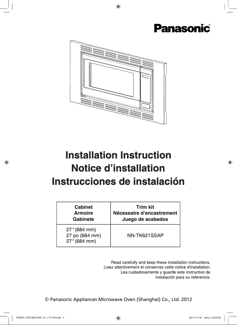 Page 1 de la notice Guide d'installation Panasonic NN-TK621SS