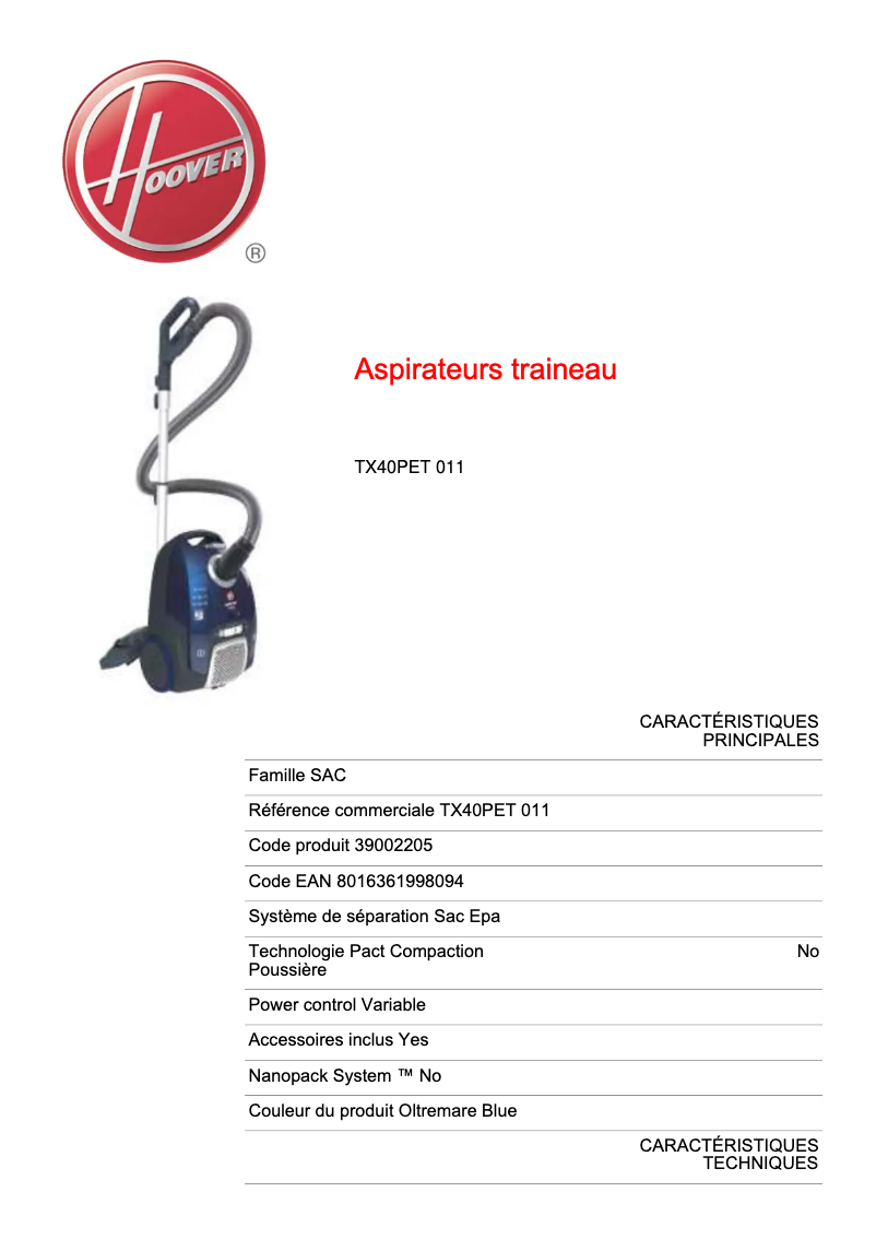 Page n°1 - Fiche technique Hoover Telios Extra TX40PET 011