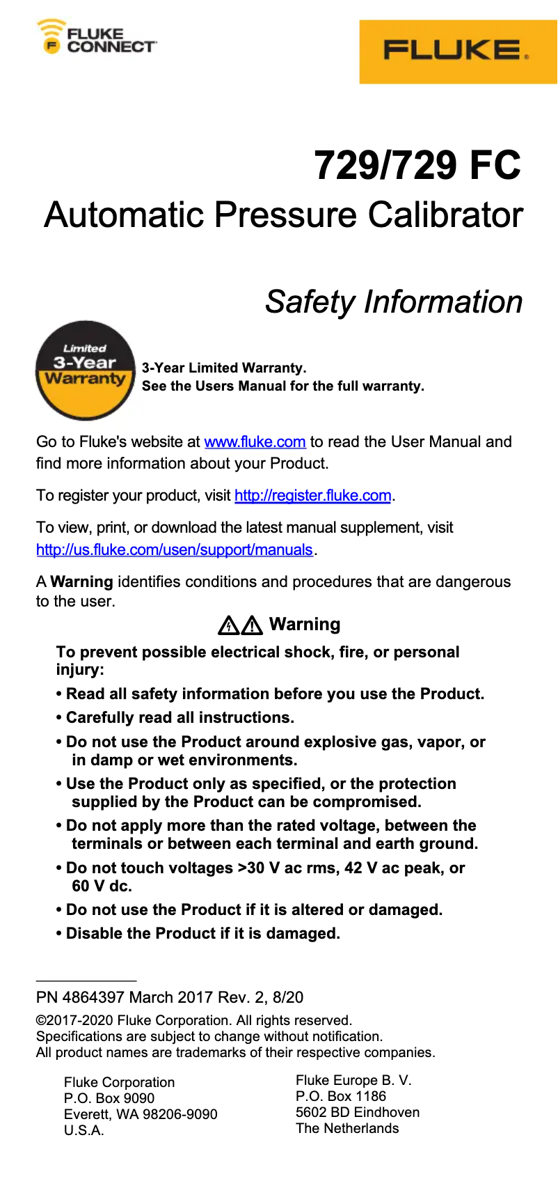 Page n°1 - Instructions de sécurité Fluke 729