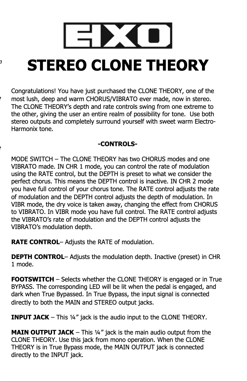 Page 1 de la notice Manuel utilisateur Electro Harmonix Stereo Clone Theory