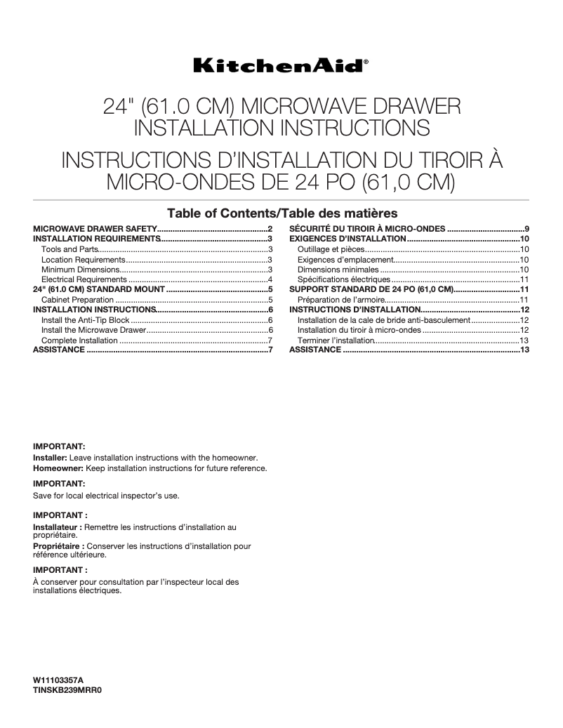 Page 1 de la notice Guide d'installation KitchenAid KMBD104GSS