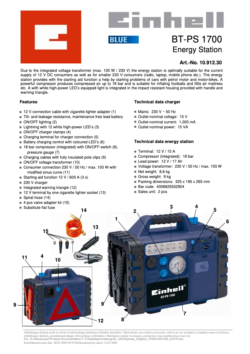 Page 1 de la notice Fiche technique Einhell BT-PS 1700