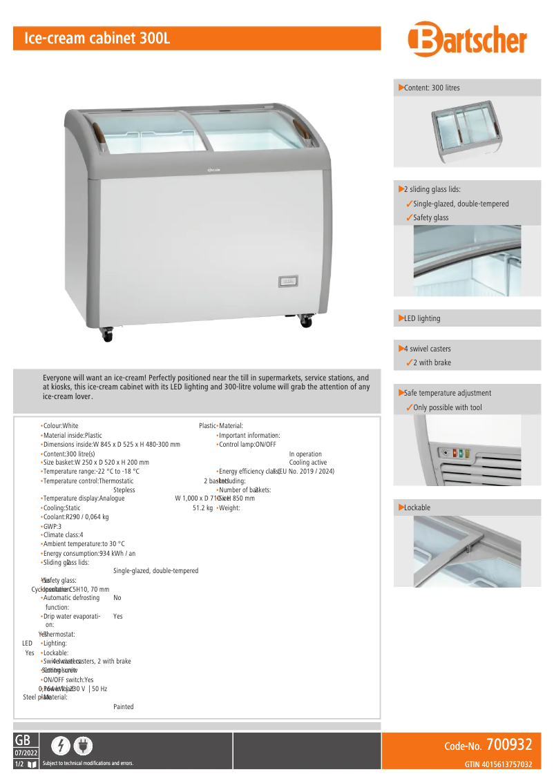 Page 1 de la notice Fiche technique Bartscher 700932