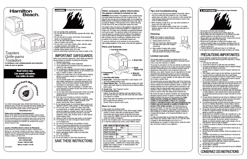 Page 1 de la notice Manuel utilisateur Hamilton Beach Smart Toast 24601