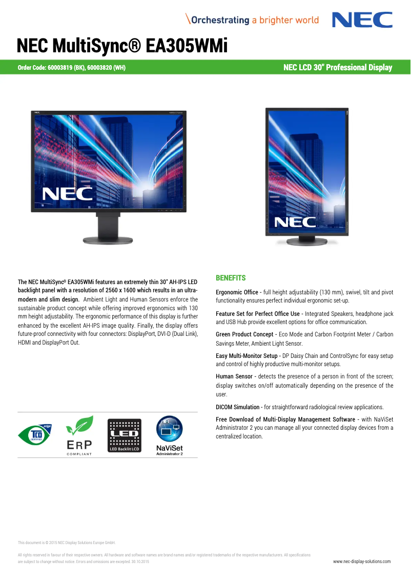 Page 1 de la notice Fiche technique NEC MultiSync EA305WMi