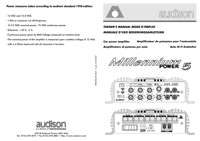 Page 1 de la notice Manuel utilisateur Audison Power 5 Millennium