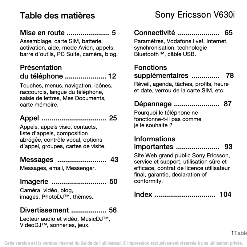 Page 1 de la notice Manuel utilisateur Sony Ericsson V630i