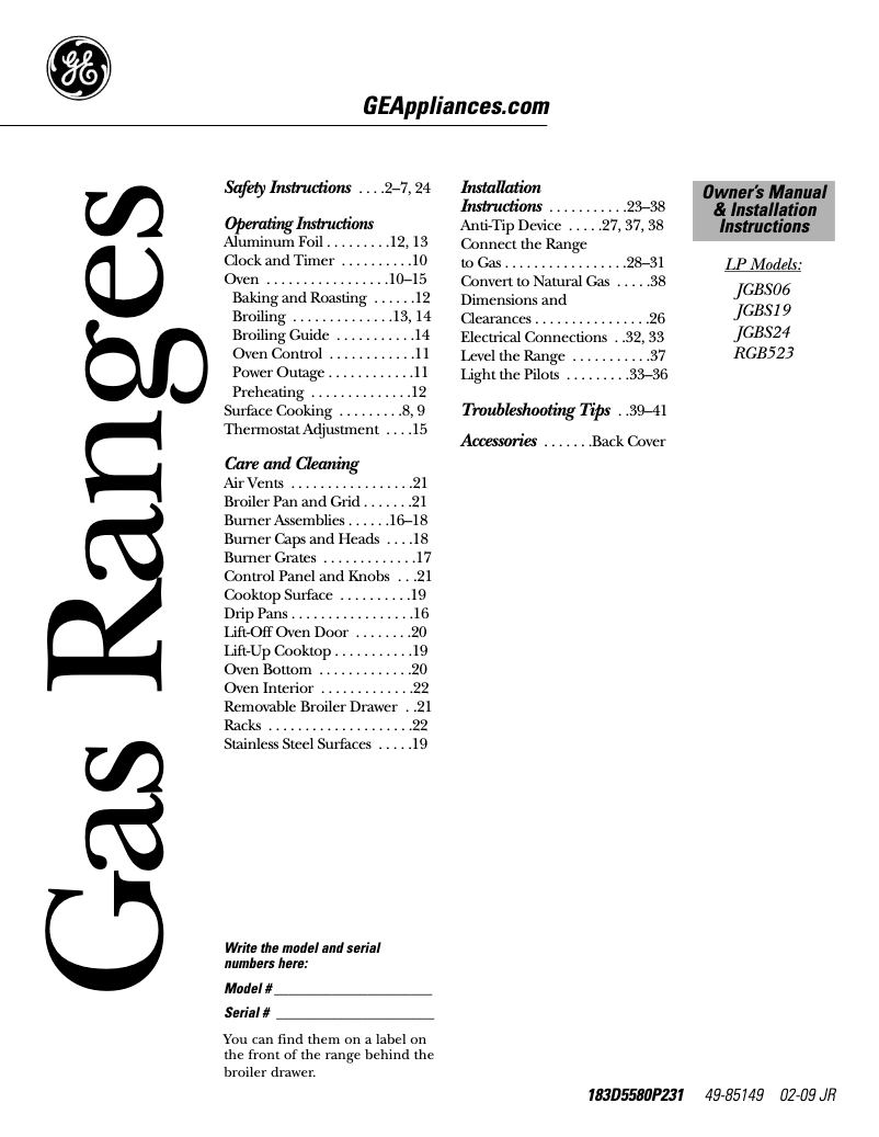 Page n°1 - Guide d'installation GE JGBS19MENBS