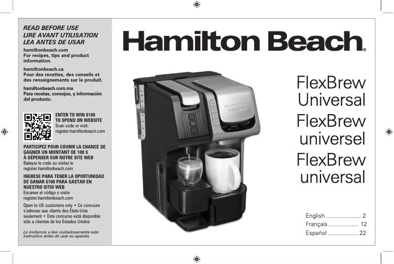 Page 1 de la notice Manuel d'utilisation et d'entretien Hamilton Beach FlexBrew 49930