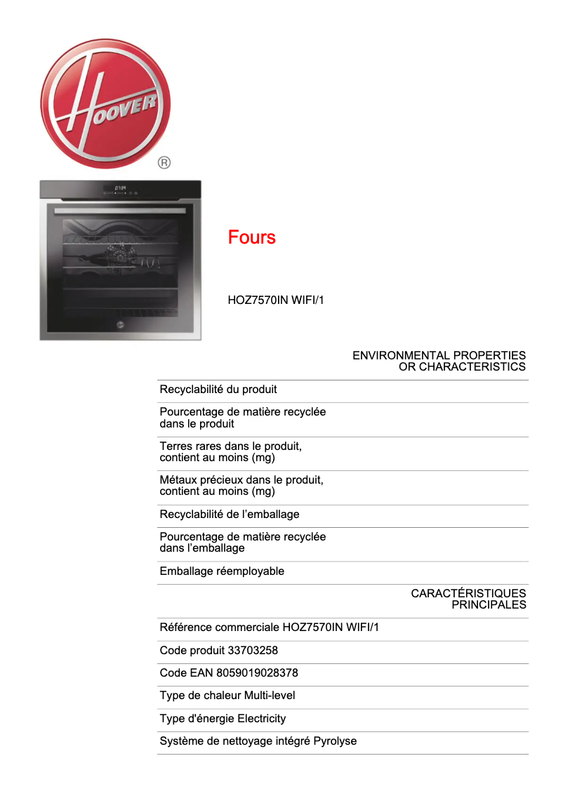 Page n°1 - Fiche technique Hoover HOZ7570IN WIFI/1