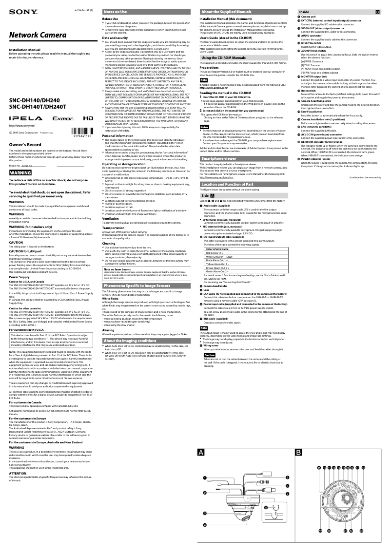 Page 1 de la notice Guide d'installation Sony SNC-DH140