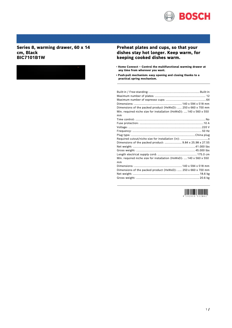 Page 1 de la notice Fiche technique Bosch BIC7101B1W