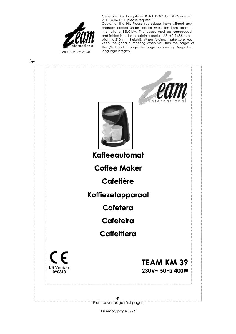 Image de la première page du manuel de l'appareil KM 39