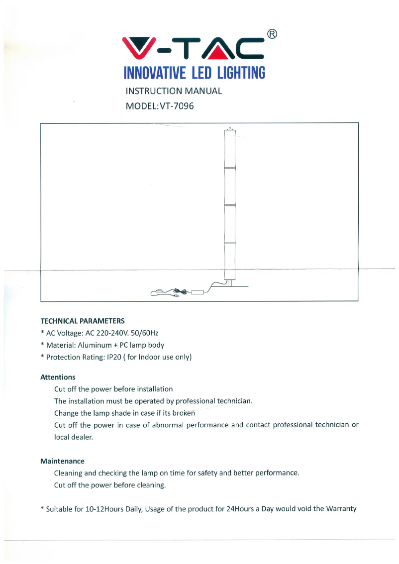 Page 1 de la notice Manuel utilisateur V-TAC VT-7096