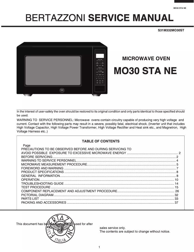 Page 1 de la notice Manuel utilisateur Bertazzoni MO30STANE