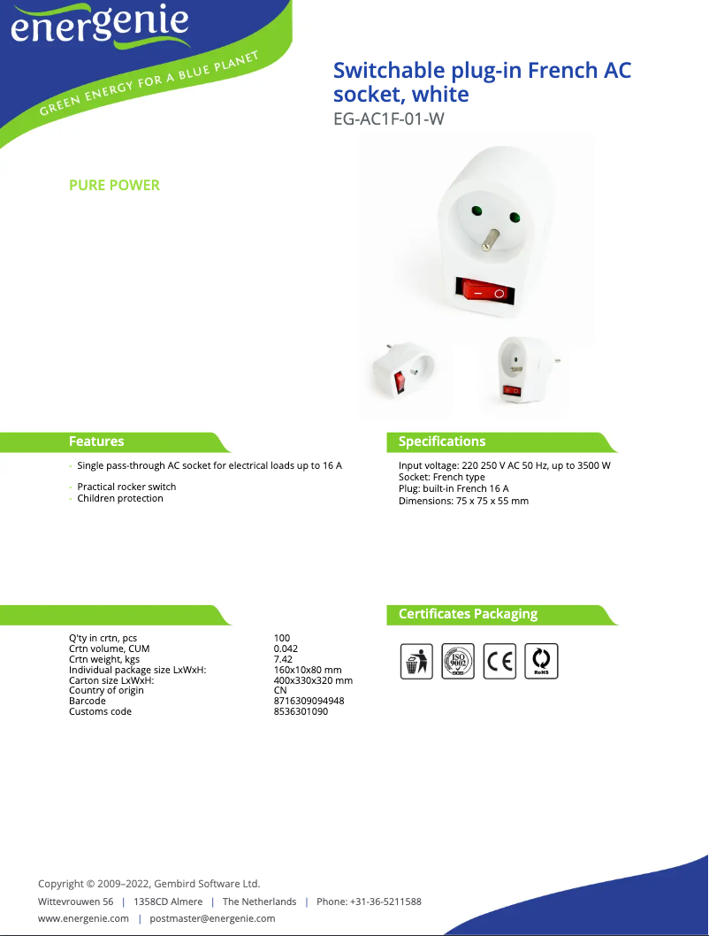 Page 1 of the manual User Manual EnerGenie EG-AC1F-01