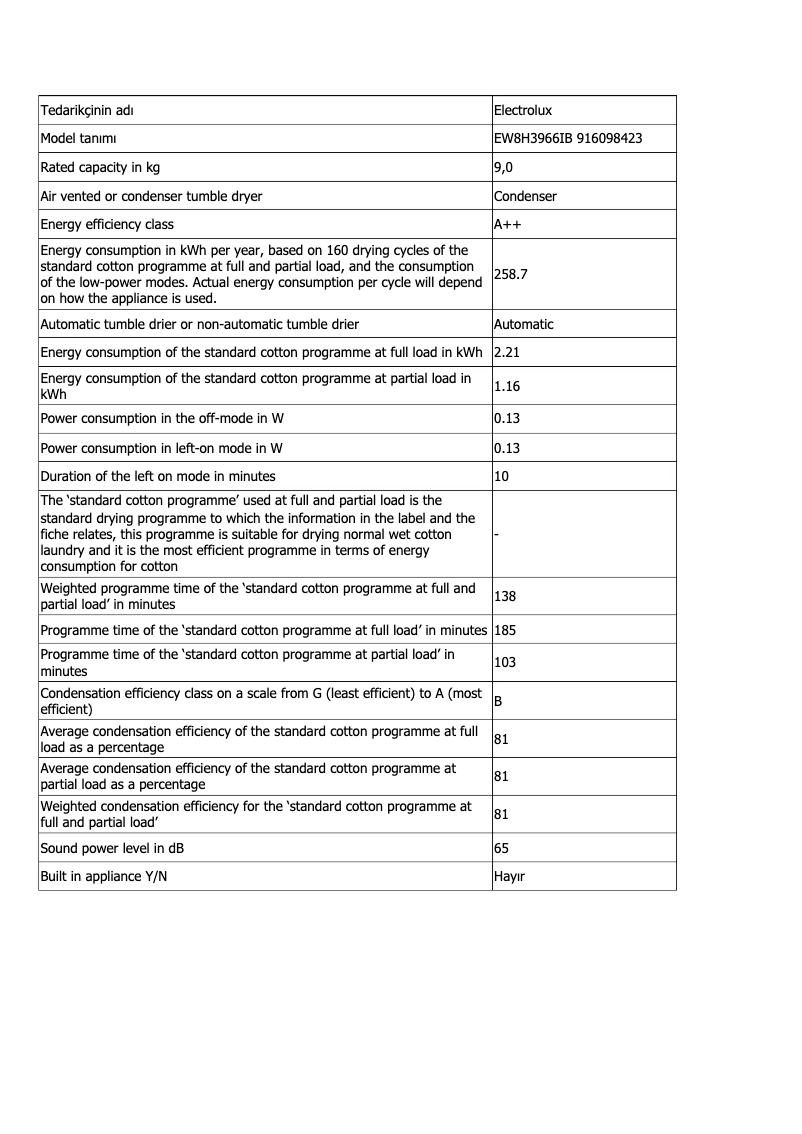 Page 1 de la notice Fiche technique Electrolux EW8H3966IB
