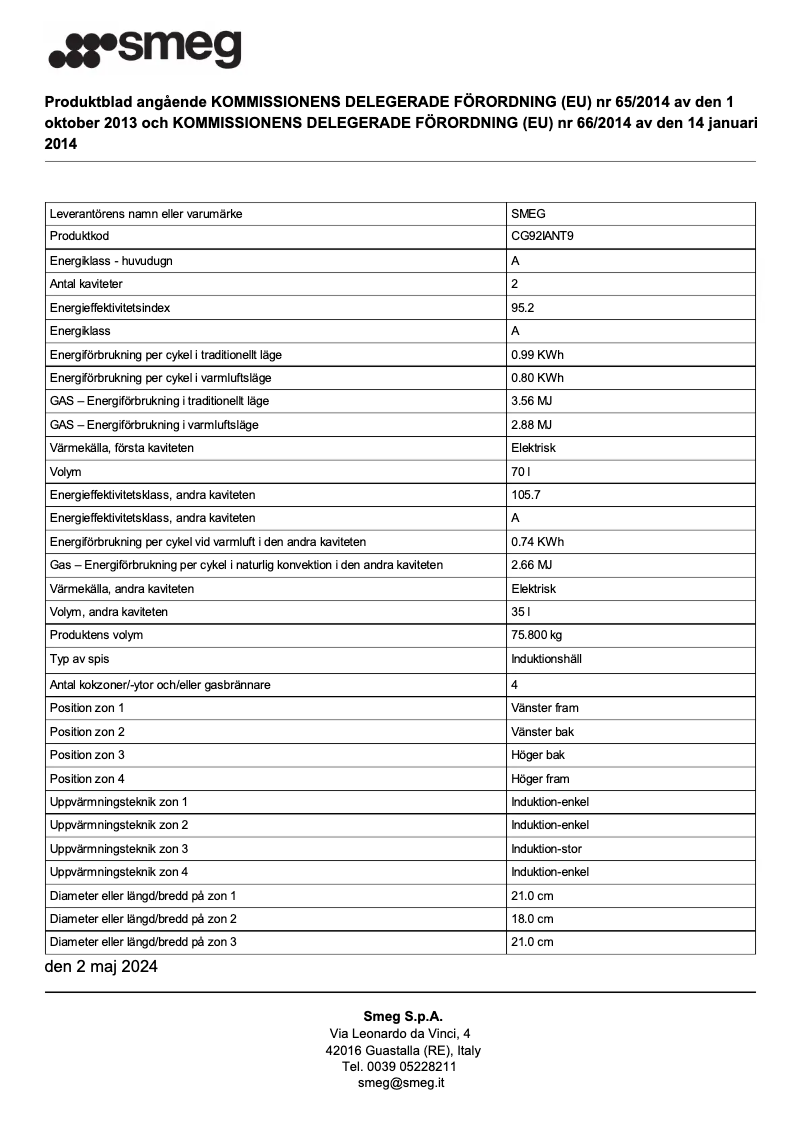 Page 1 de la notice Fiche technique Smeg CG92IANT9