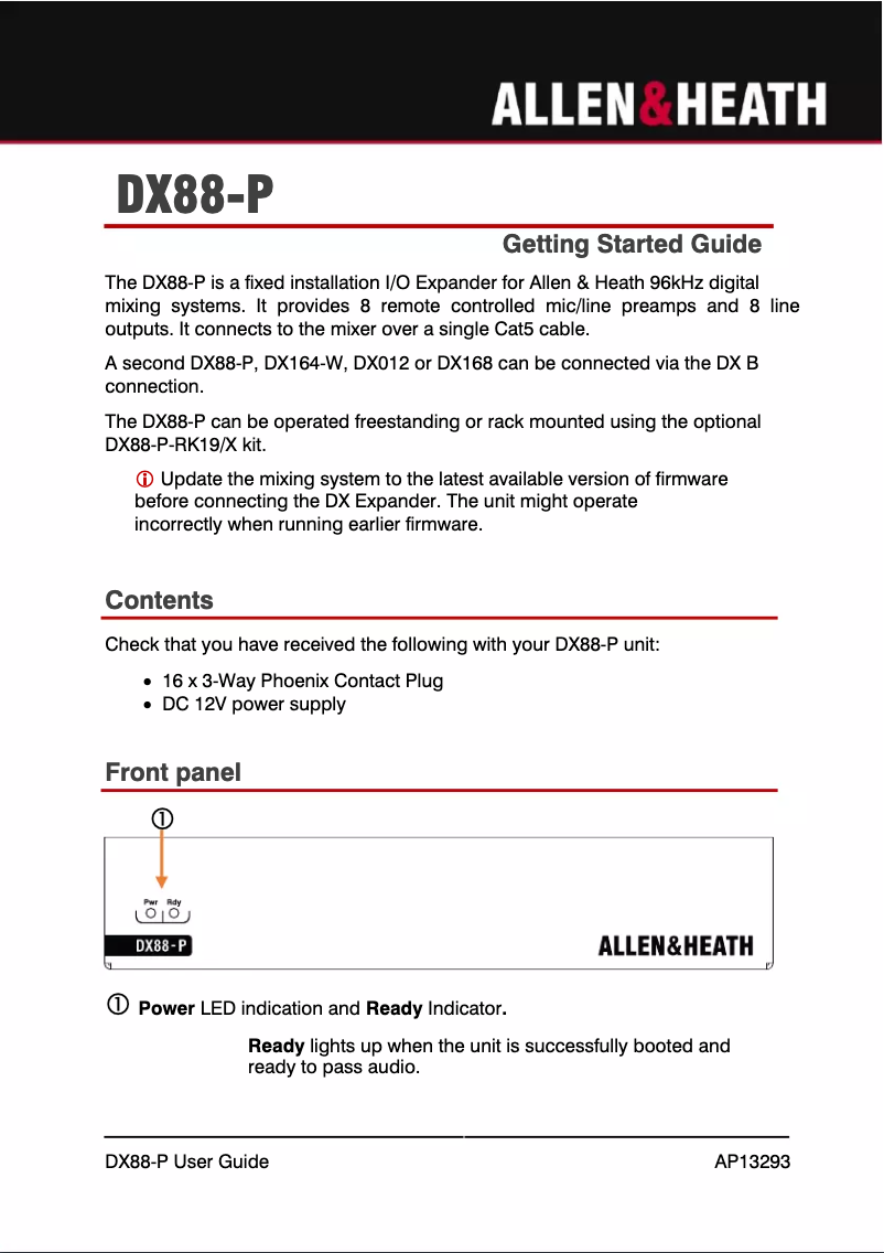Page 1 de la notice Guide de démarrage rapide Allen & Heath DX88-P