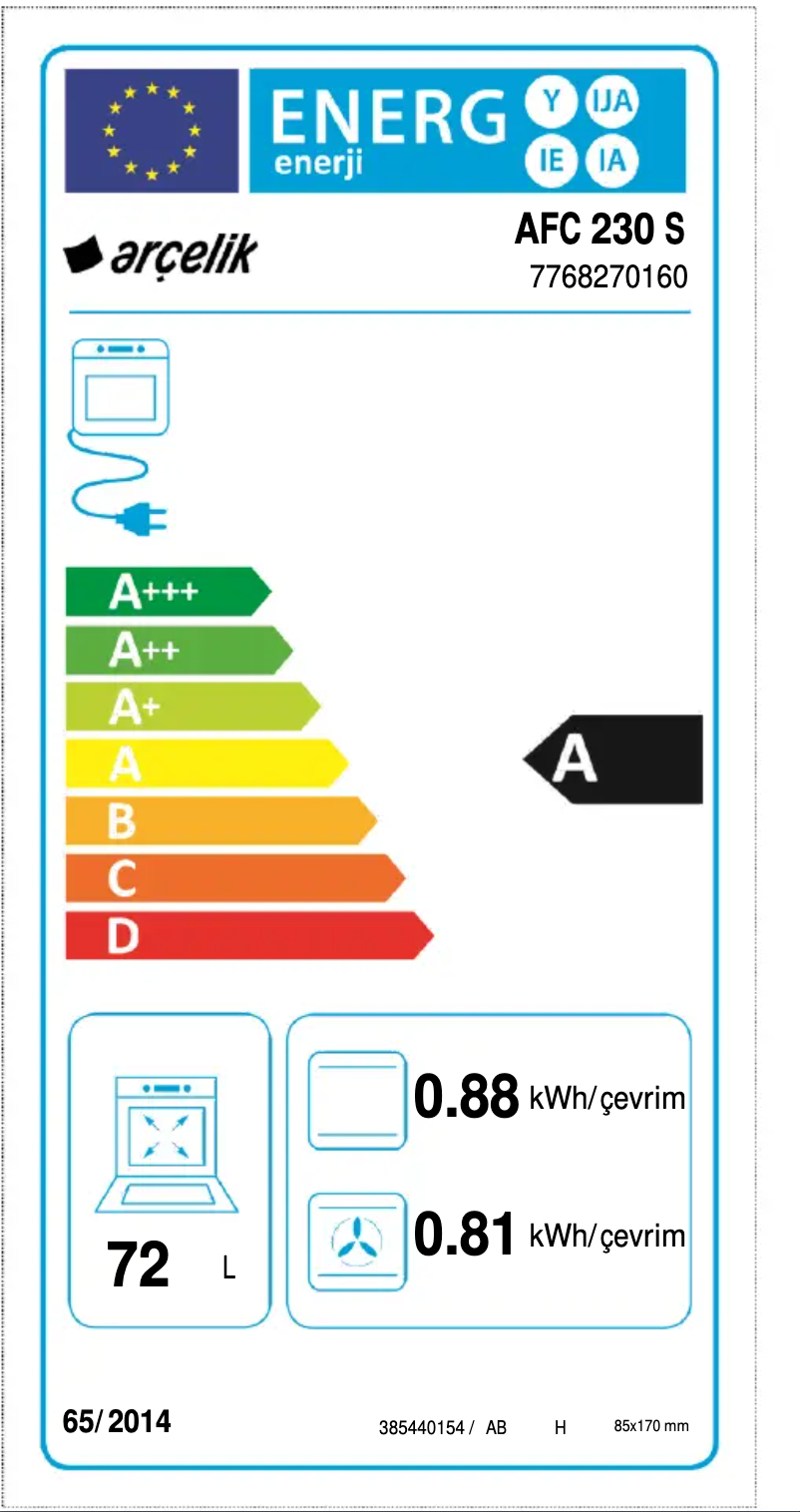 Page 1 de la notice Label énergétique Arçelik AFC 230 S