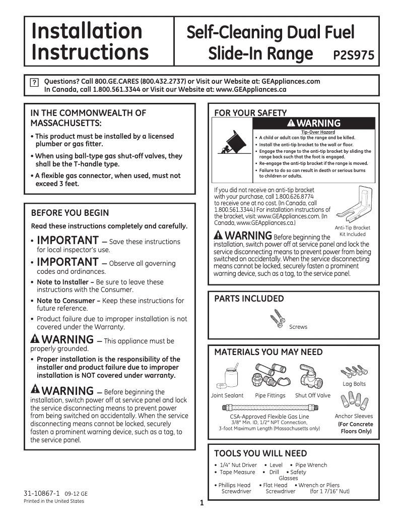 Page n°1 - Guide d'installation GE Profile P2S975SEPSS
