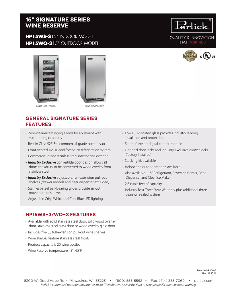 Página 1 del manual Ficha técnica Perlick Signature Series HP15WS-3-4R