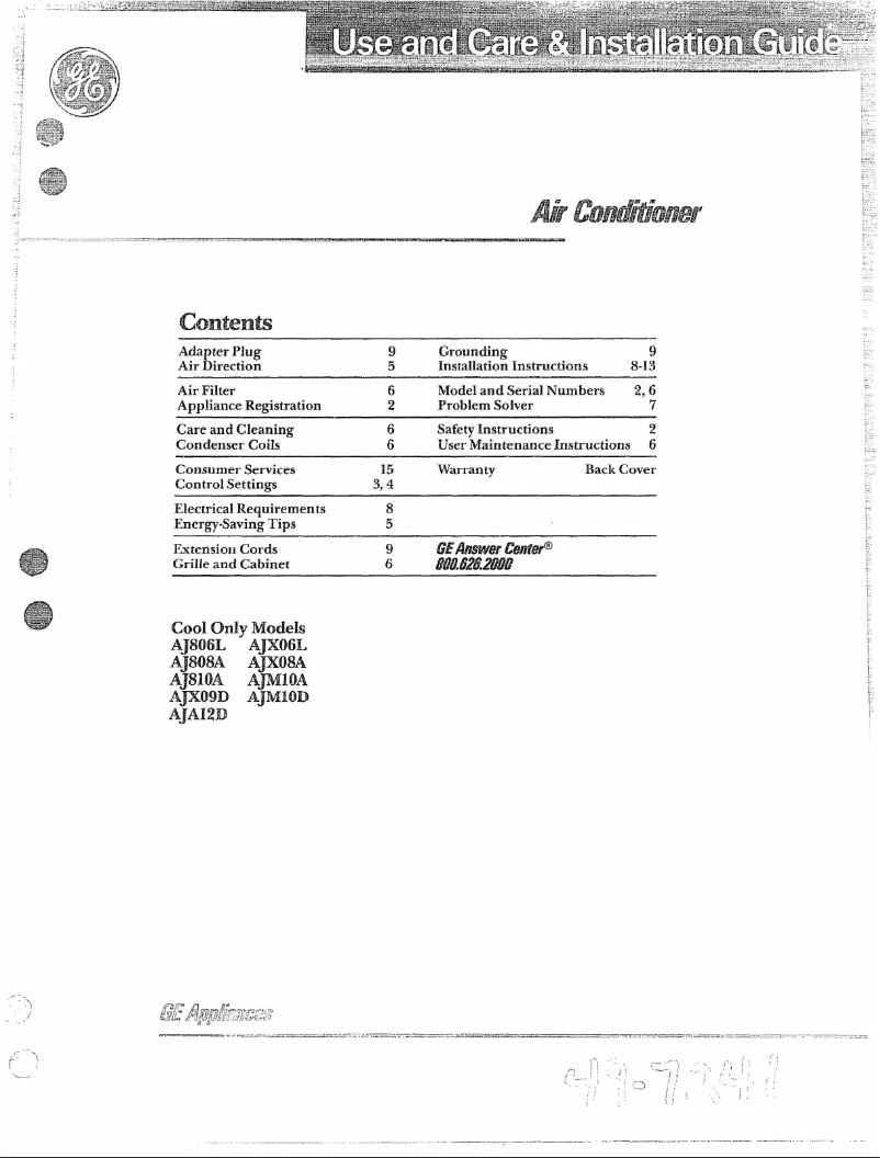 Page n°1 - Manuel d'utilisation et d'entretien GE AJM10AF