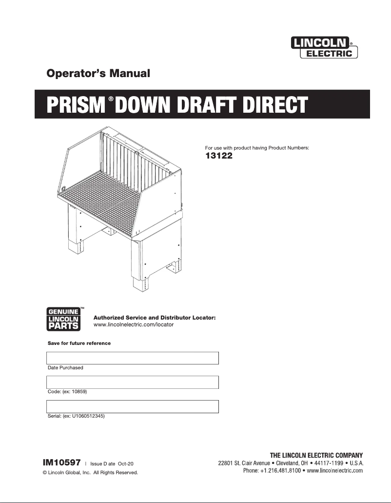 Page n°1 - Manuel utilisateur Lincoln Electric Prism Down Draft Direct