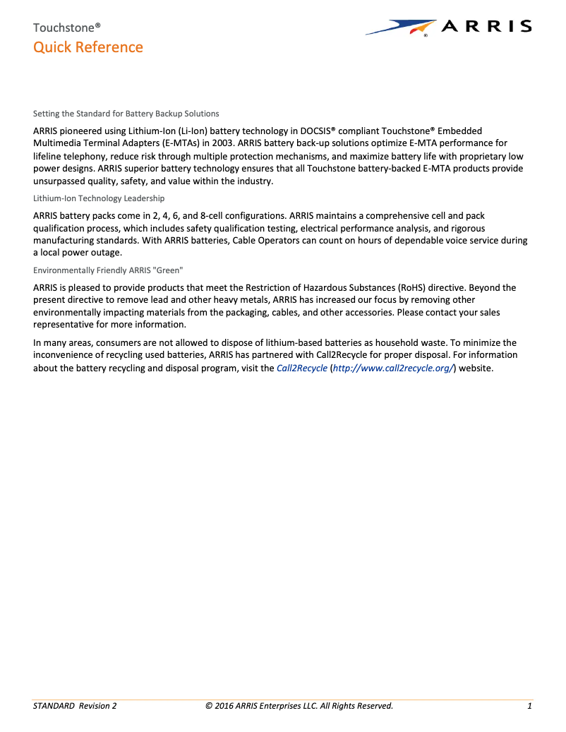 Page 1 de la notice Manuel utilisateur Arris SURFboard Touchstone Battery BPB022S