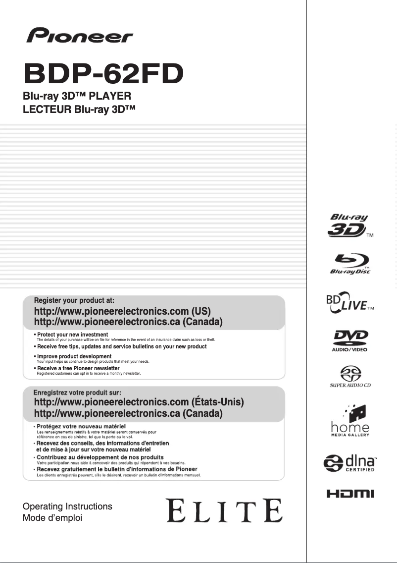 Image de la première page du manuel de l'appareil Elite BDP-62FD