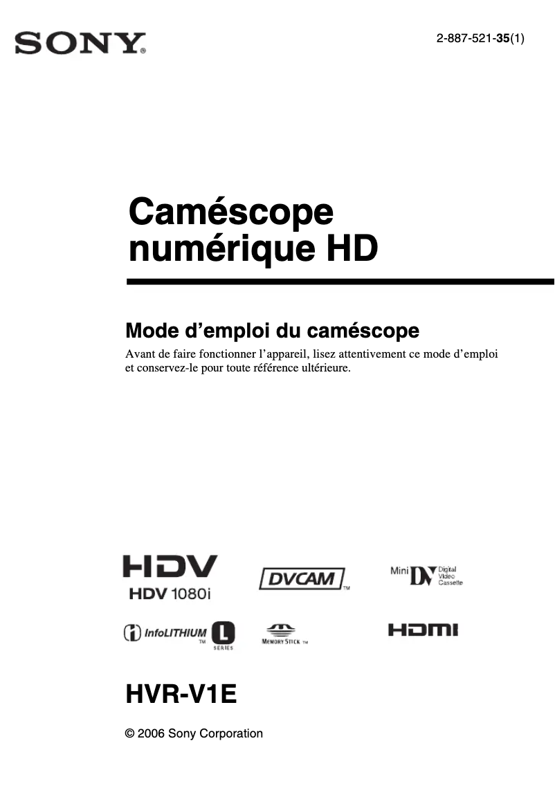 Page 1 de la notice Manuel utilisateur Sony HVR-V1E