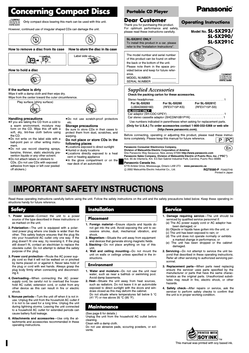 Page 1 de la notice Manuel utilisateur Panasonic SL-SX291