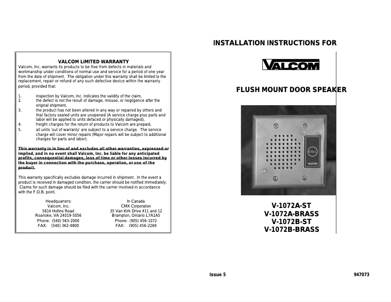 Page 1 de la notice Manuel utilisateur Valcom V-1072B