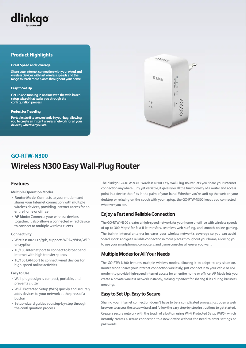 Page 1 de la notice Fiche technique D-Link GO-RTW-N300