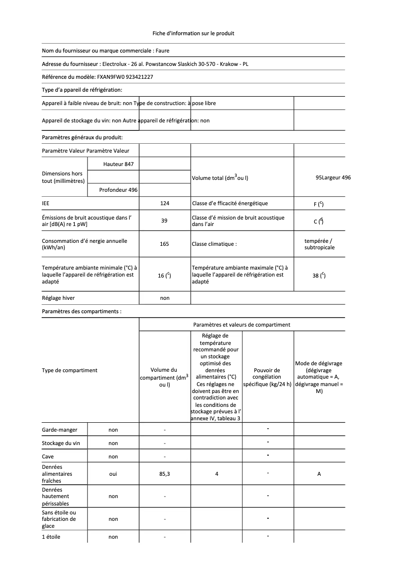Page 1 de la notice Fiche technique Faure FXAN9FW0