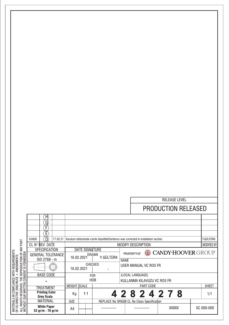 Page 1 de la notice Manuel utilisateur Rosieres RKH63TCT/2