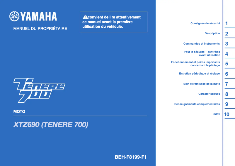 Page 1 de la notice Manuel utilisateur Yamaha Tenere 700 (2022)
