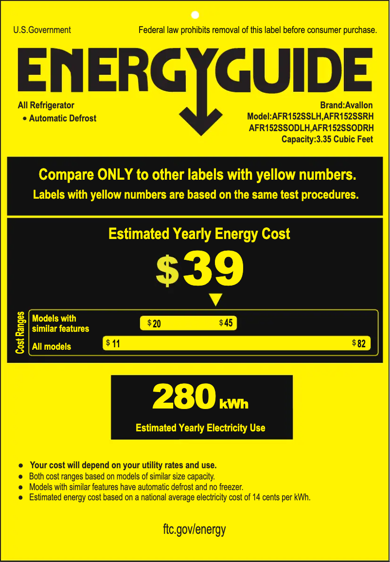 Page 1 de la notice Label énergétique Avallon AFR152SSODRH