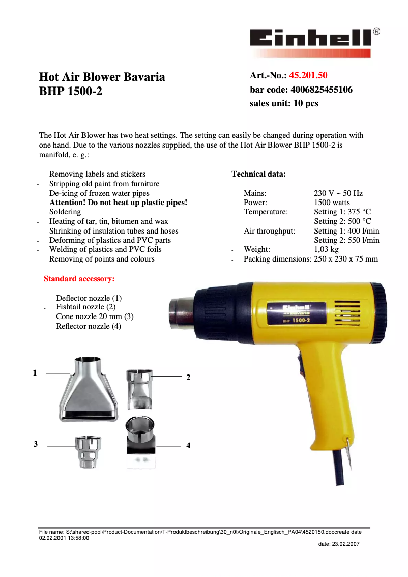 Page n°1 - Manuel utilisateur Bavaria by Einhell BHP 1500-2