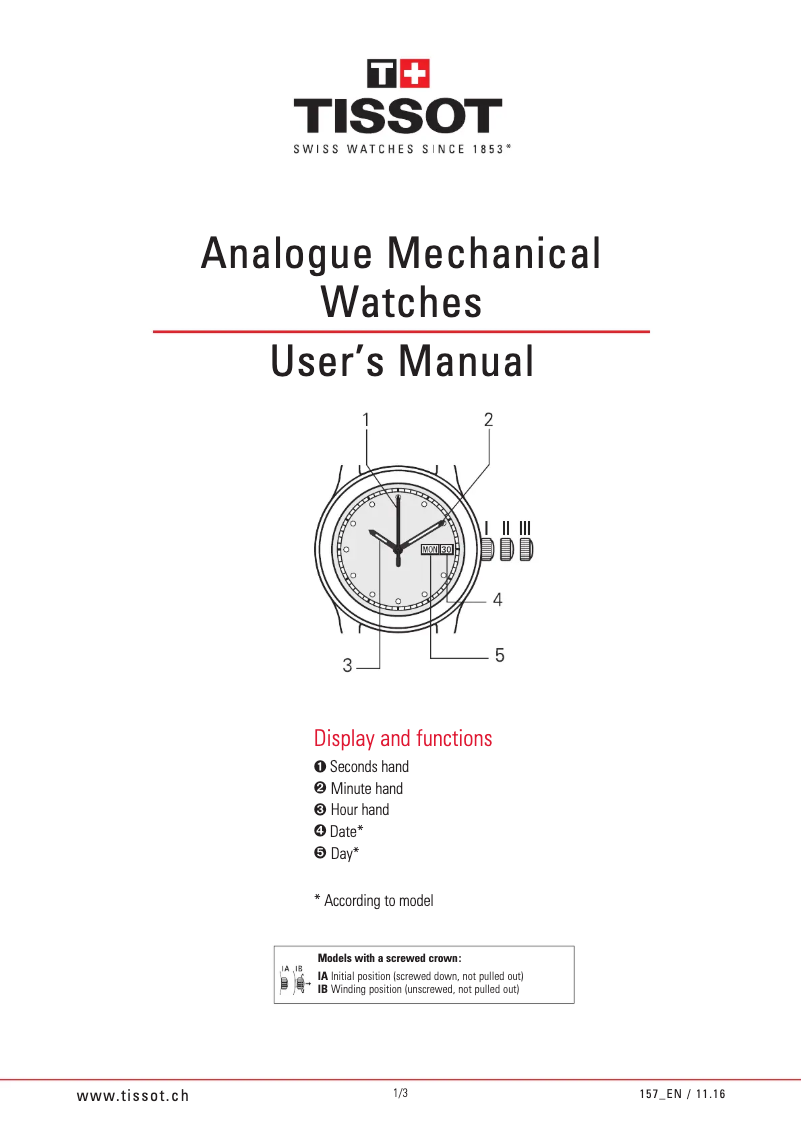 Page 1 de la notice Manuel utilisateur Tissot Le Locle Automatic Lady T0062071105800