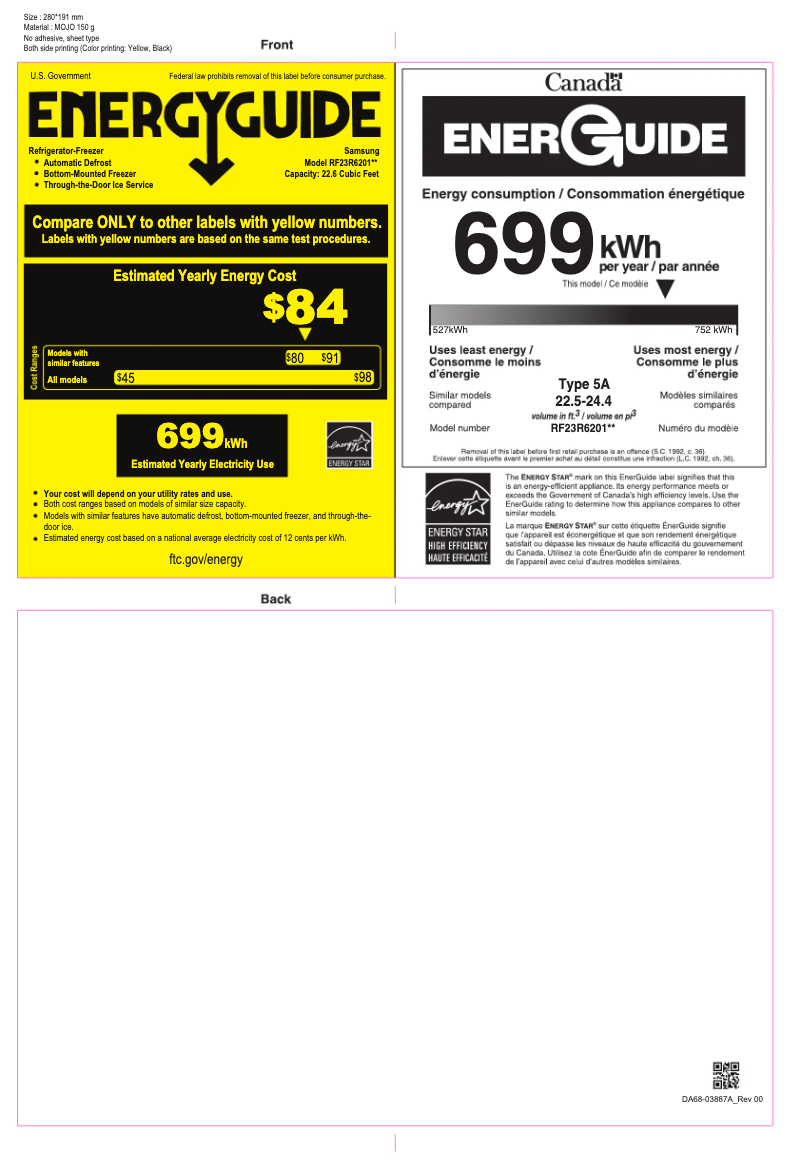 Page 1 de la notice Label énergétique Samsung RF23R6201SG/AA