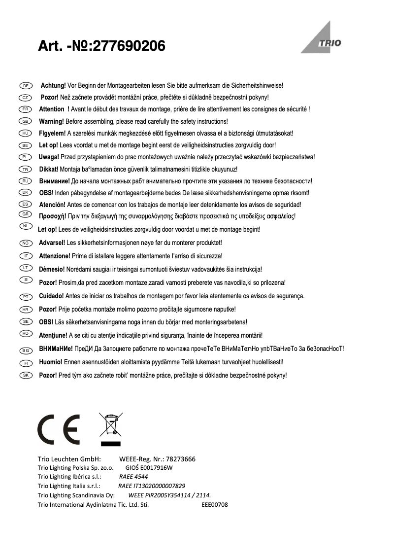Page 1 de la notice Manuel utilisateur Trio Lighting Sandro 277690206