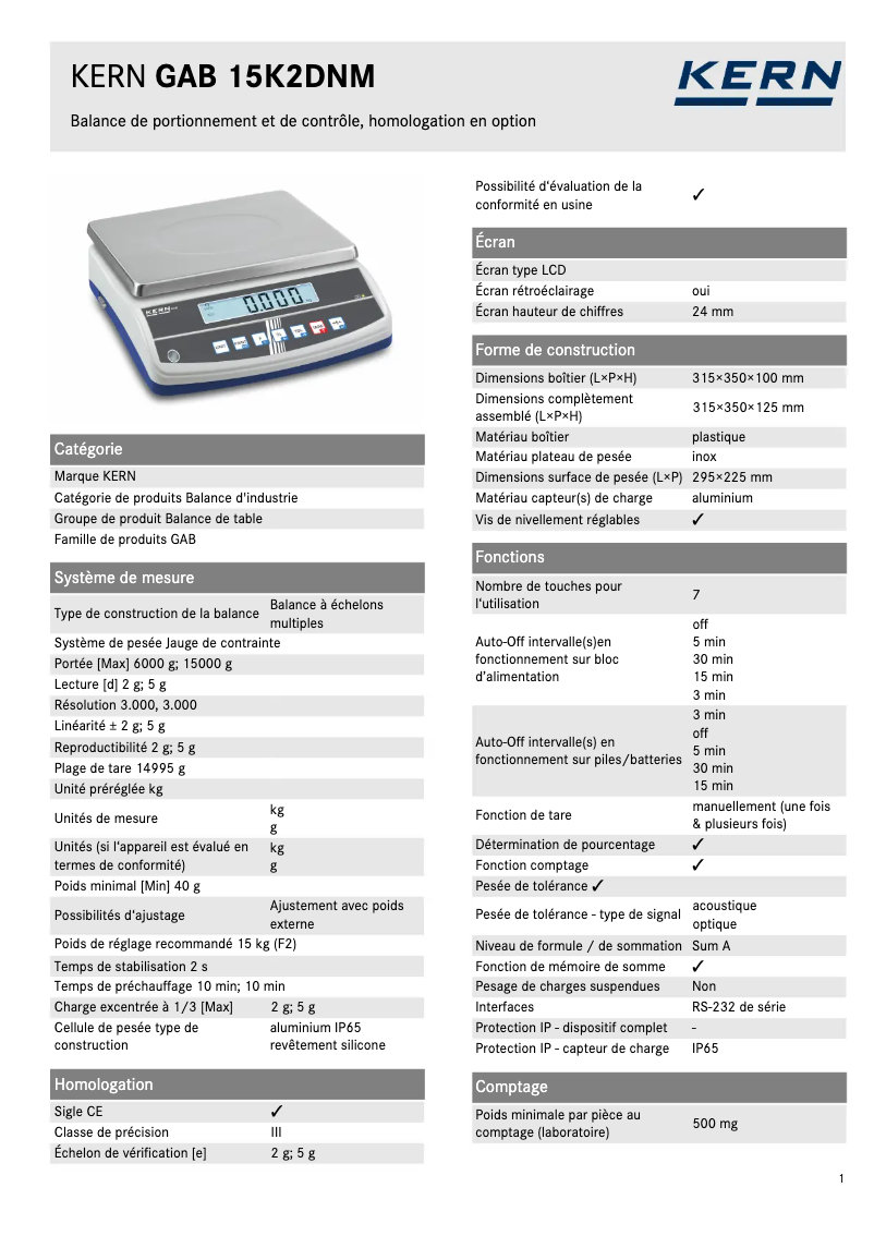 Page n°1 - Fiche technique Kern GAB 15K2DNM