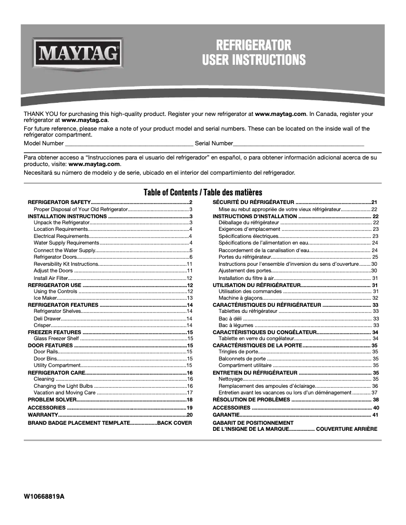 Page 1 de la notice Manuel d'utilisation et d'entretien Maytag MRT711BZDH