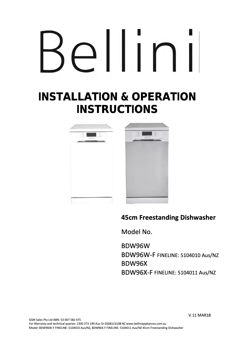 Page n°1 - Manuel utilisateur Bellini BDW96X
