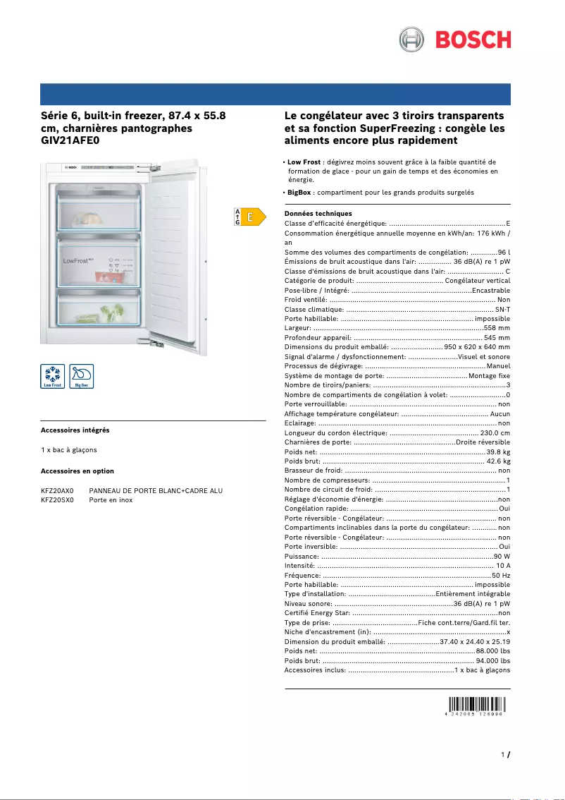 Page n°1 - Fiche technique Bosch GIV21AFE0