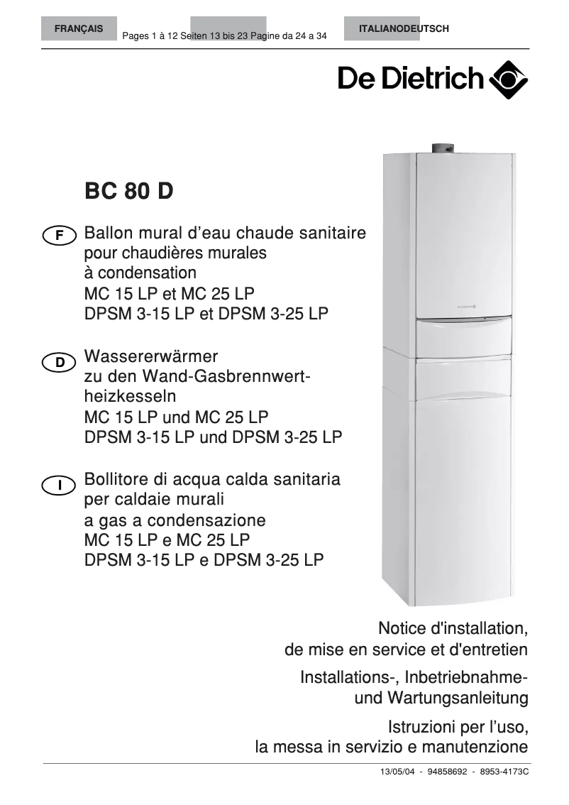 Page 1 de la notice Manuel utilisateur De Dietrich BC 80 D