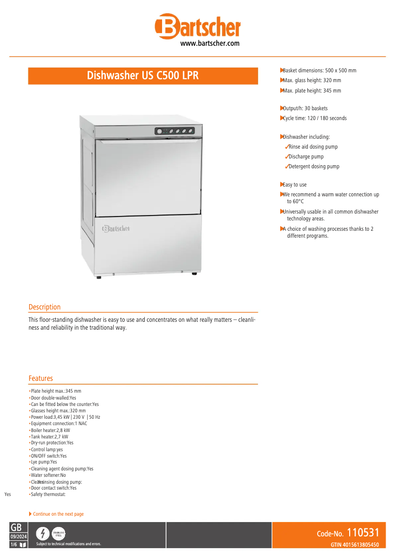 Page n°1 - Fiche technique Bartscher US C500 LPR