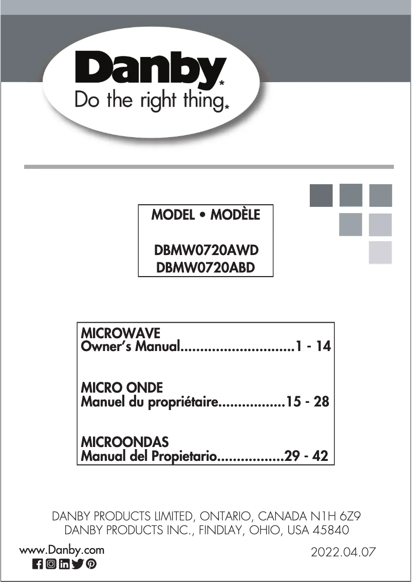 Page 1 de la notice Manuel utilisateur Danby DBMW0720ABD