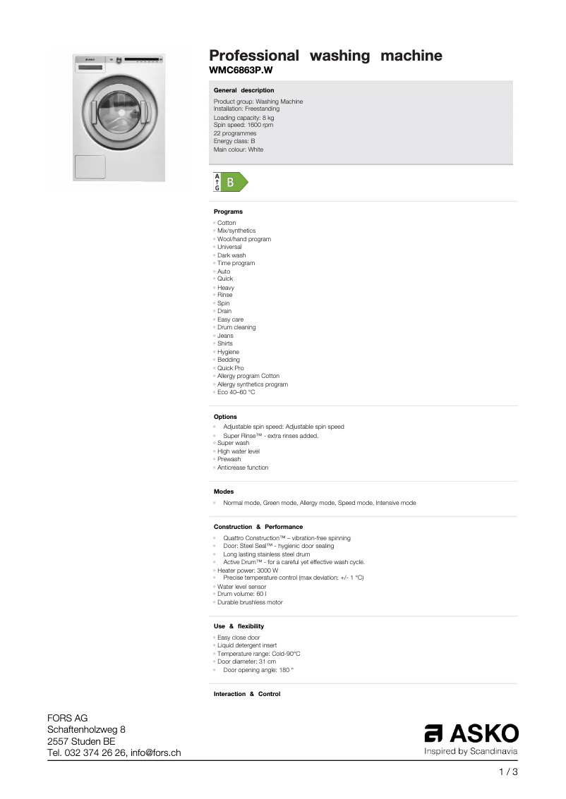Page 1 de la notice Fiche technique Asko WMC6863PW